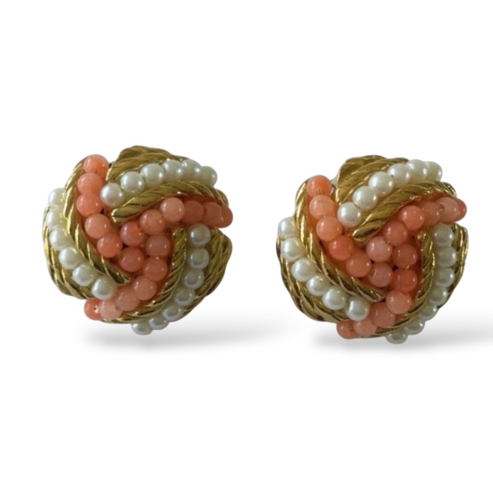 Vtg 80s Twisted Bead Rope Necklace & Earrings Set Gold-Tone, Faux Coral & Pearls - Picture 11 of 16